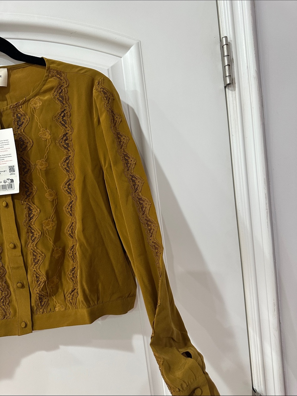 Sezane Olive-Mustard Embroidered Button shirt size 4 - Picture 7 of 16